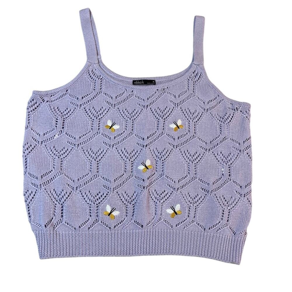 Nikka K Bee Embroidered Pointelle Knit Tank Top XL Sweater Crochet Cottagecore